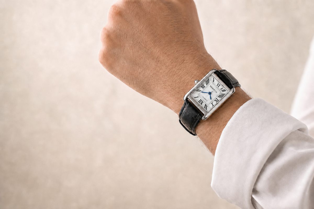 Reloj Trevisso Negro Plata puesto en muñeca masculina (lifestyle, oculta a petición del cliente)