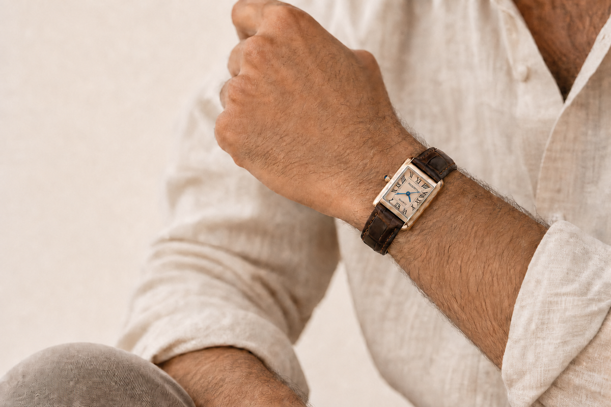 Reloj Trevisso Marrón Champán puesto en muñeca masculina (lifestyle, oculta a petición del cliente)