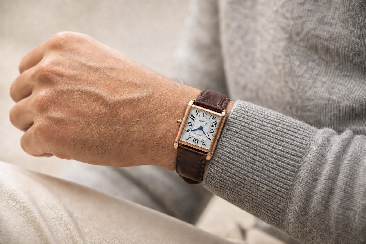 Reloj Trevisso Marrón Clásico puesto en muñeca masculina (lifestyle, oculta a petición del cliente)